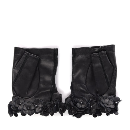 Chanel Lambskin Mesh Panel Camellia Fingerless Gloves 7 Black 2 of 6