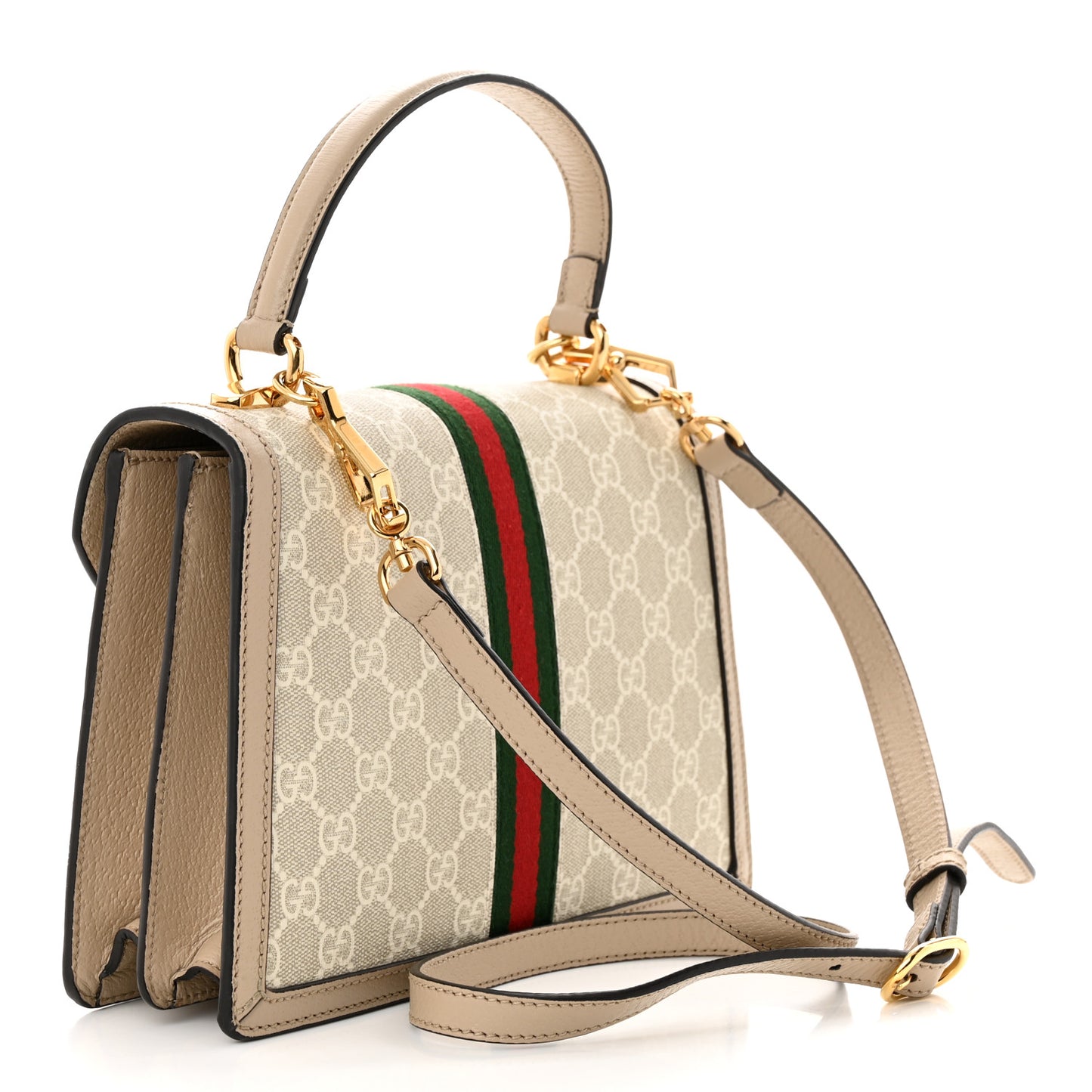 GG Supreme Monogram Textured Dollar Calfskin Web Small Ophidia Padlock Top Handle Bag Beige Mystic White Oatmeal