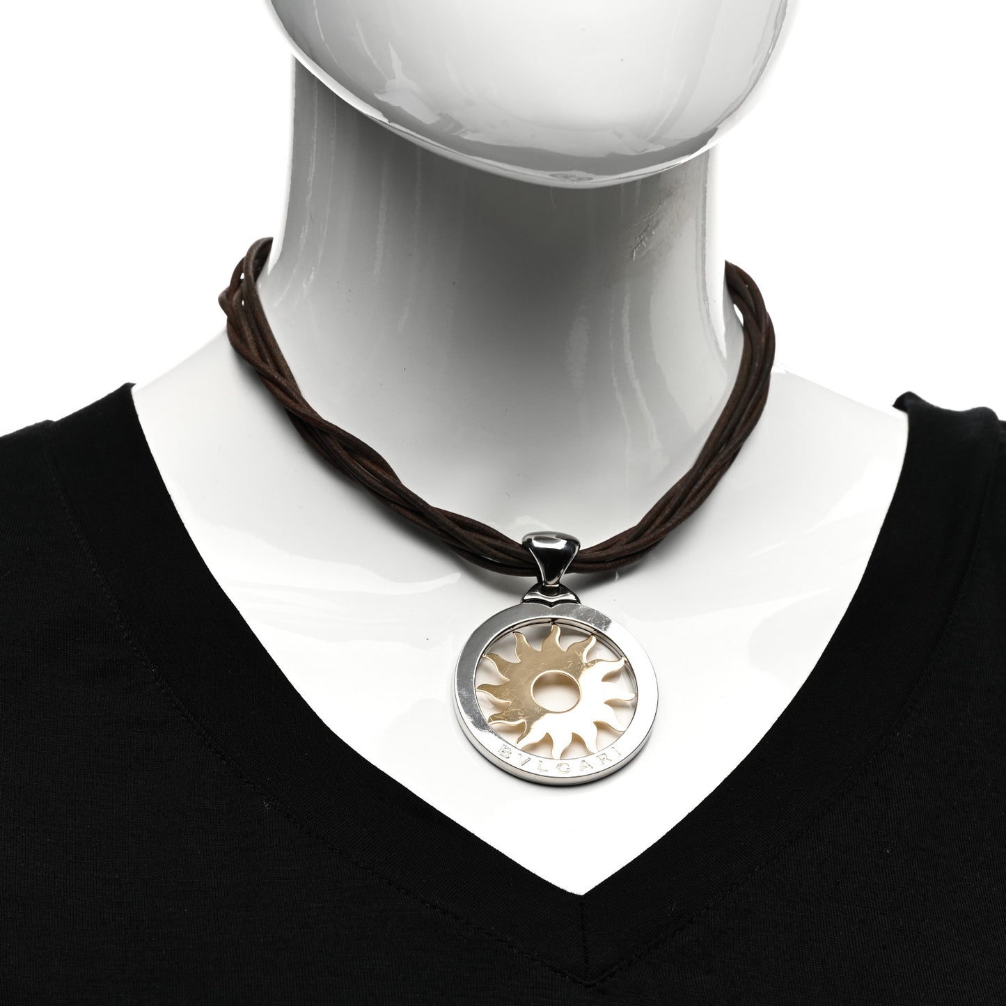 Stainless Steel 18K Yellow Gold Calfskin Tondo Sun Pendant Necklace