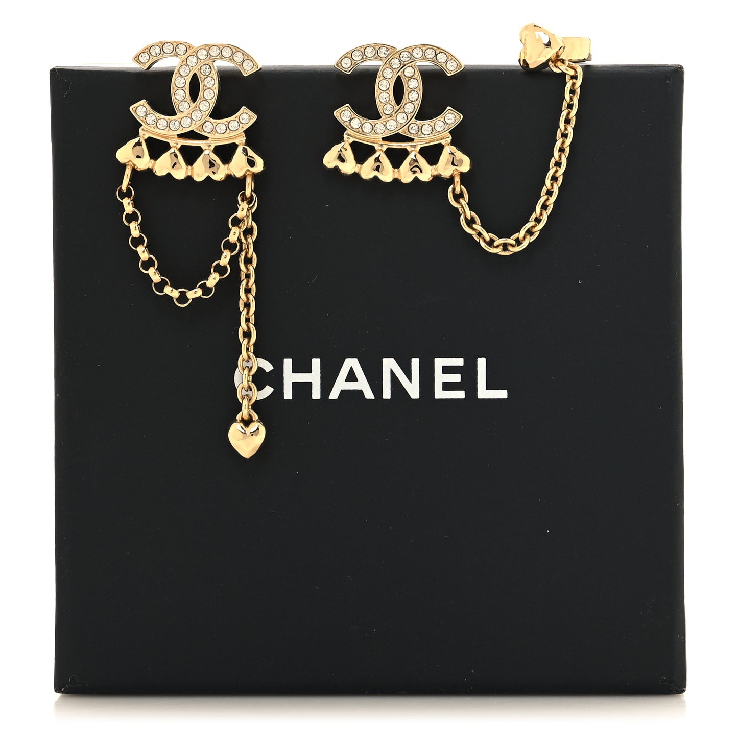 Metal Crystal CC Drop Heart Link Earrings Gold