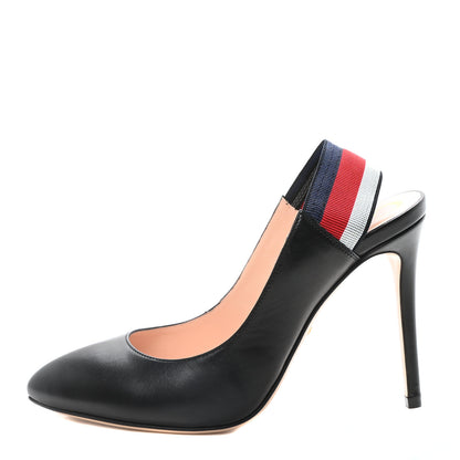 Gucci Malaga Kid Web Sylvie High Heel Slingback Pumps 38 Black 1 of 9