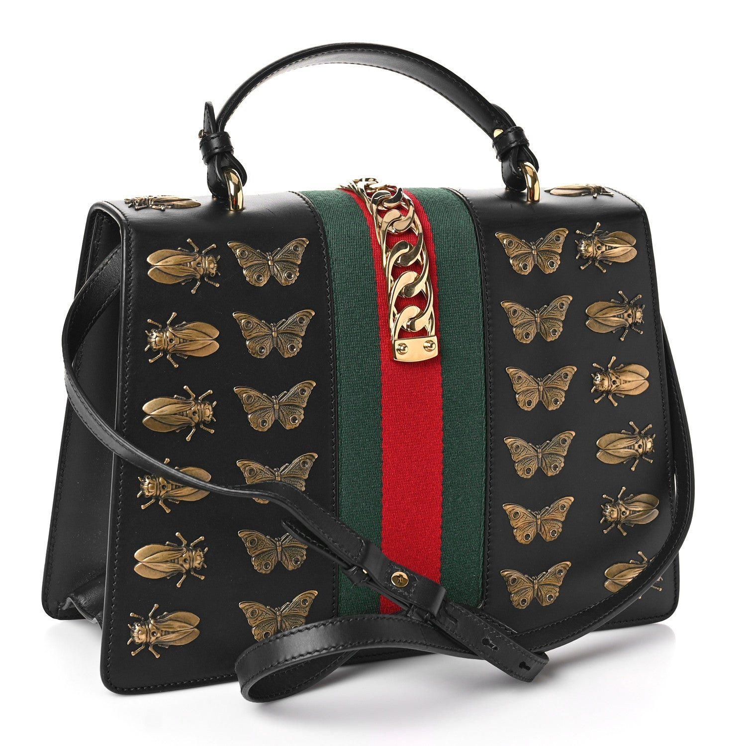 Gucci Calfskin Animal Studs Medium Sylvie Top Handle Bag Black 3 of 11