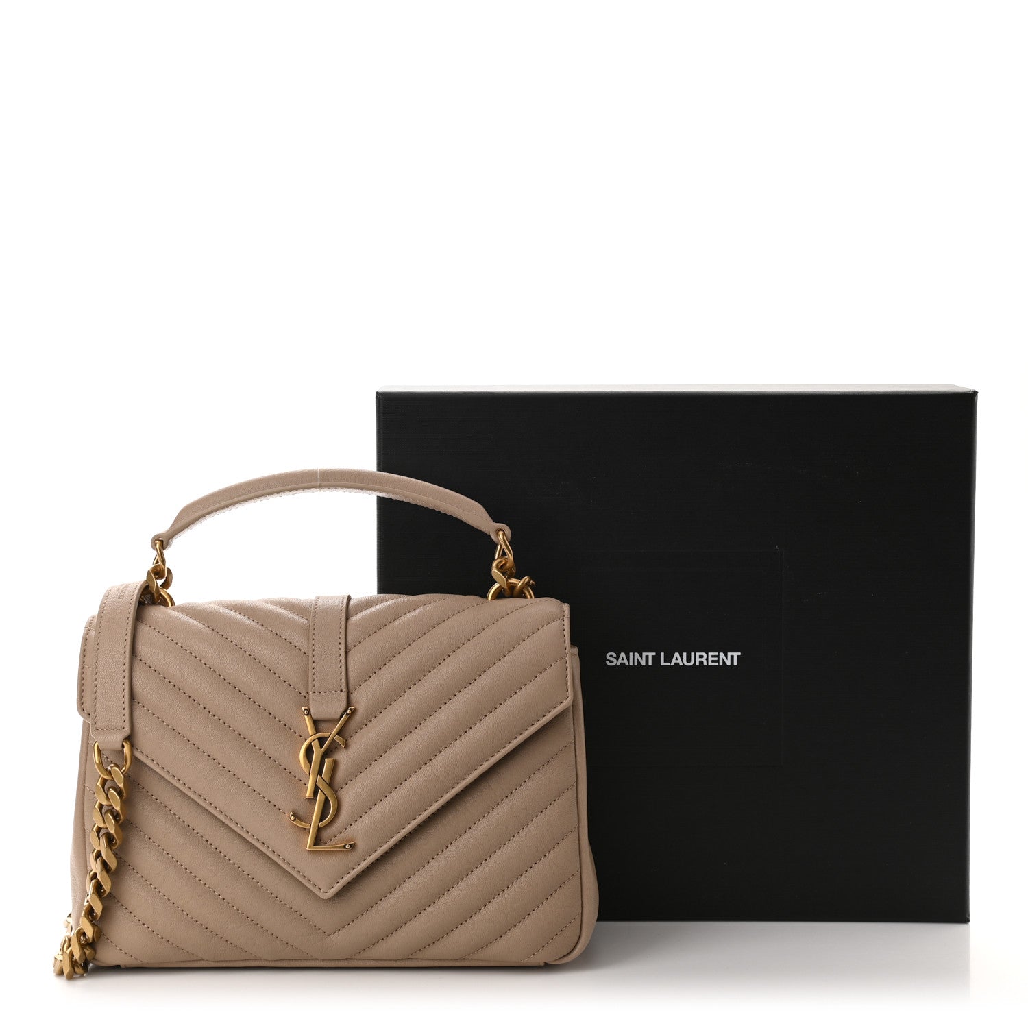 Saint Laurent Sheepskin Matelasse Chevron Monogram Medium College Bag Dark Beige 11 of 11