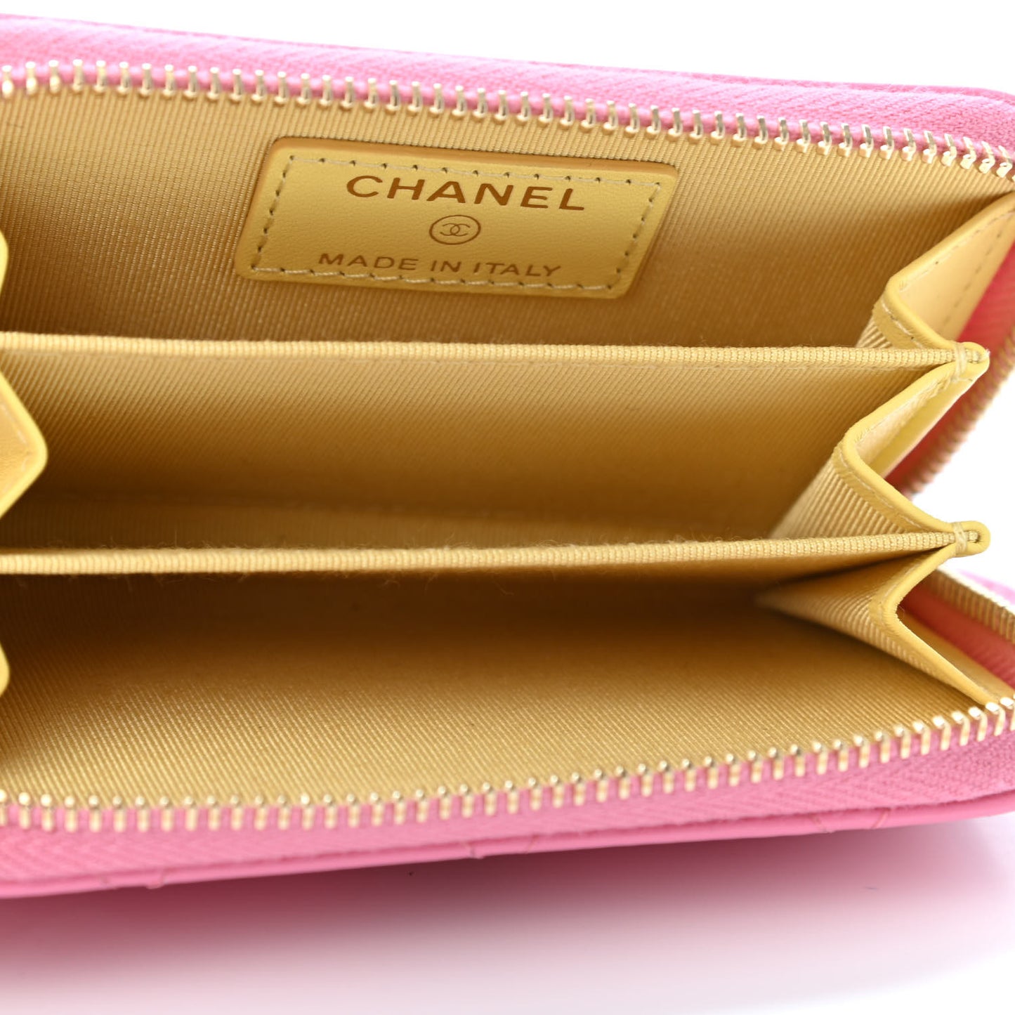Lambskin Quilted Zip Around Coin Purse Wallet Pink Yellow