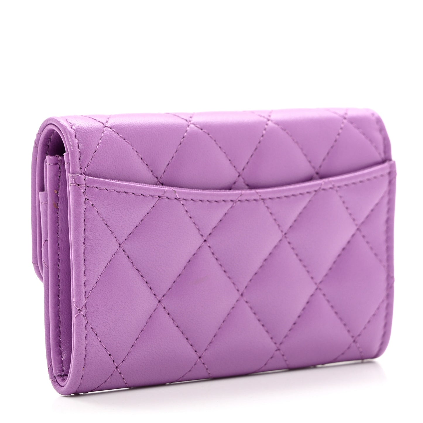 Lambskin Quilted Flap Card Holder Wallet Purple