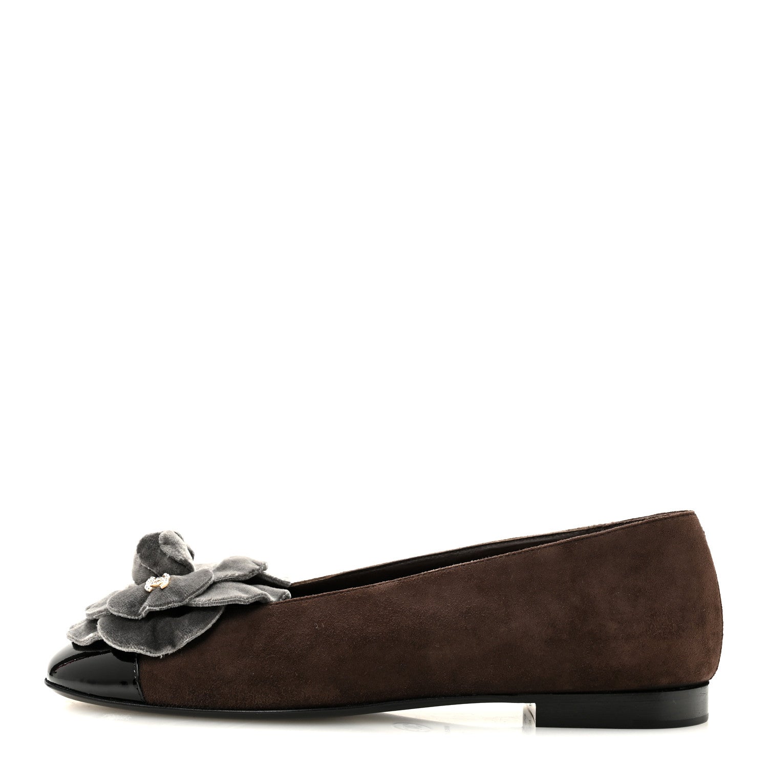 Chanel Suede Patent Cap Toe Camellia Ballerina Flats 37 Marron Gris 1 of 9