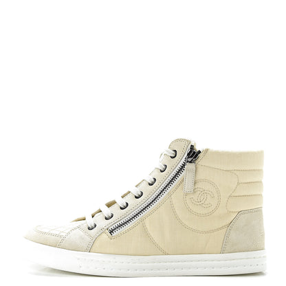 Chanel Toile Suede Calfskin CC High Top Sneakers 37 Beige White 1 of 11