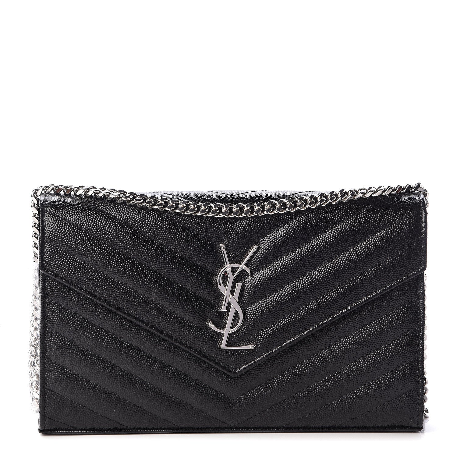 Saint Laurent Grain De Poudre Matelasse Chevron Monogram Chain Wallet Black 1 of 10