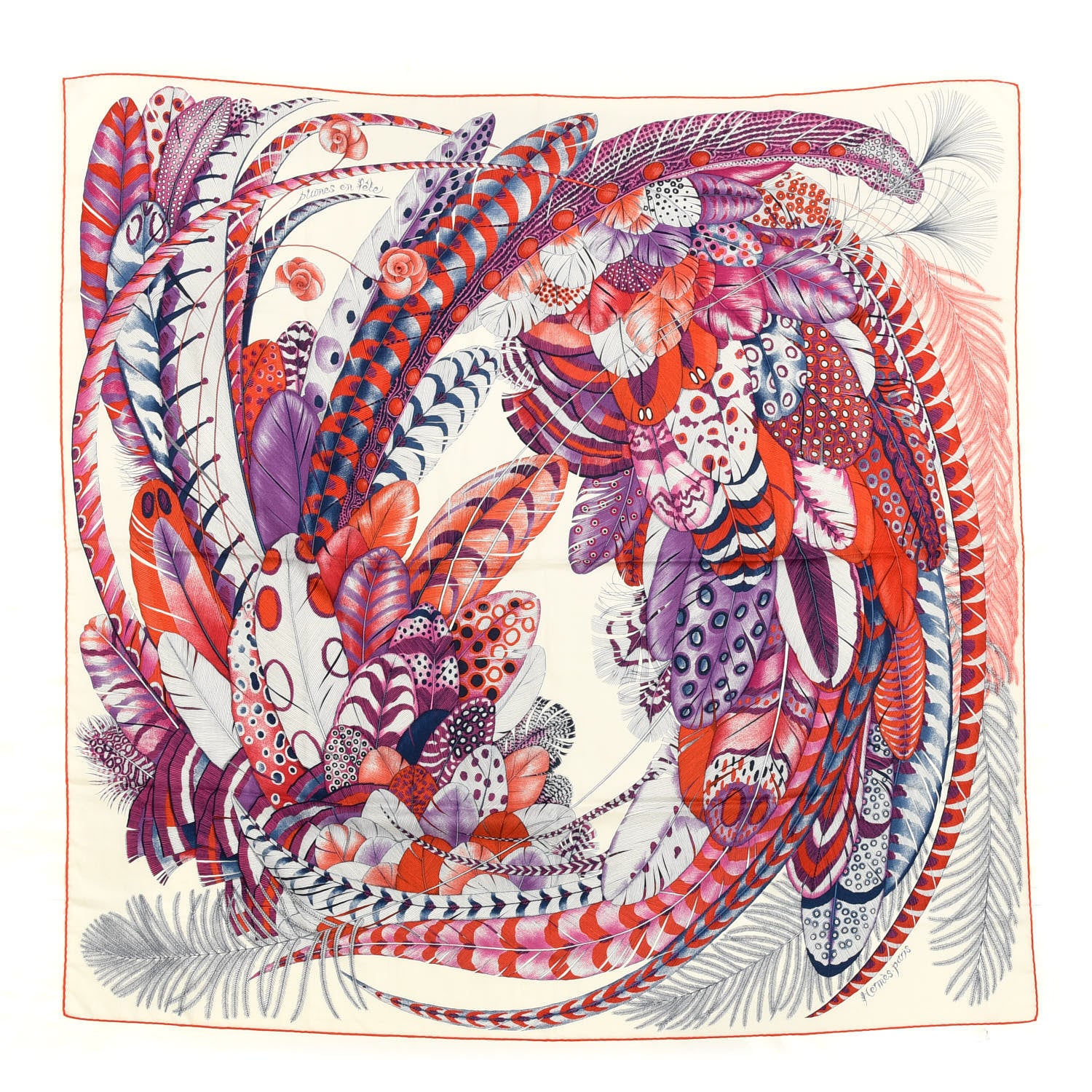 Hermes Cashmere Silk Plumes En Fete Shawl 140 White Violet Rouge 1 of 5