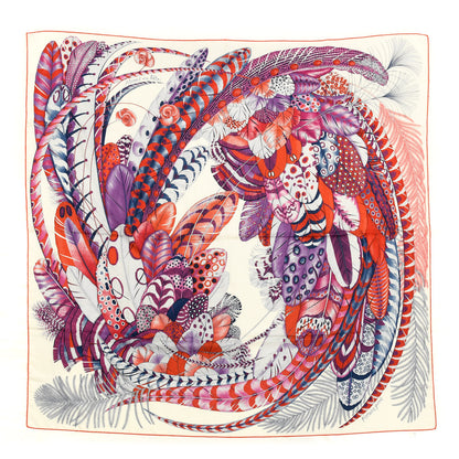 Hermes Cashmere Silk Plumes En Fete Shawl 140 White Violet Rouge 1 of 5