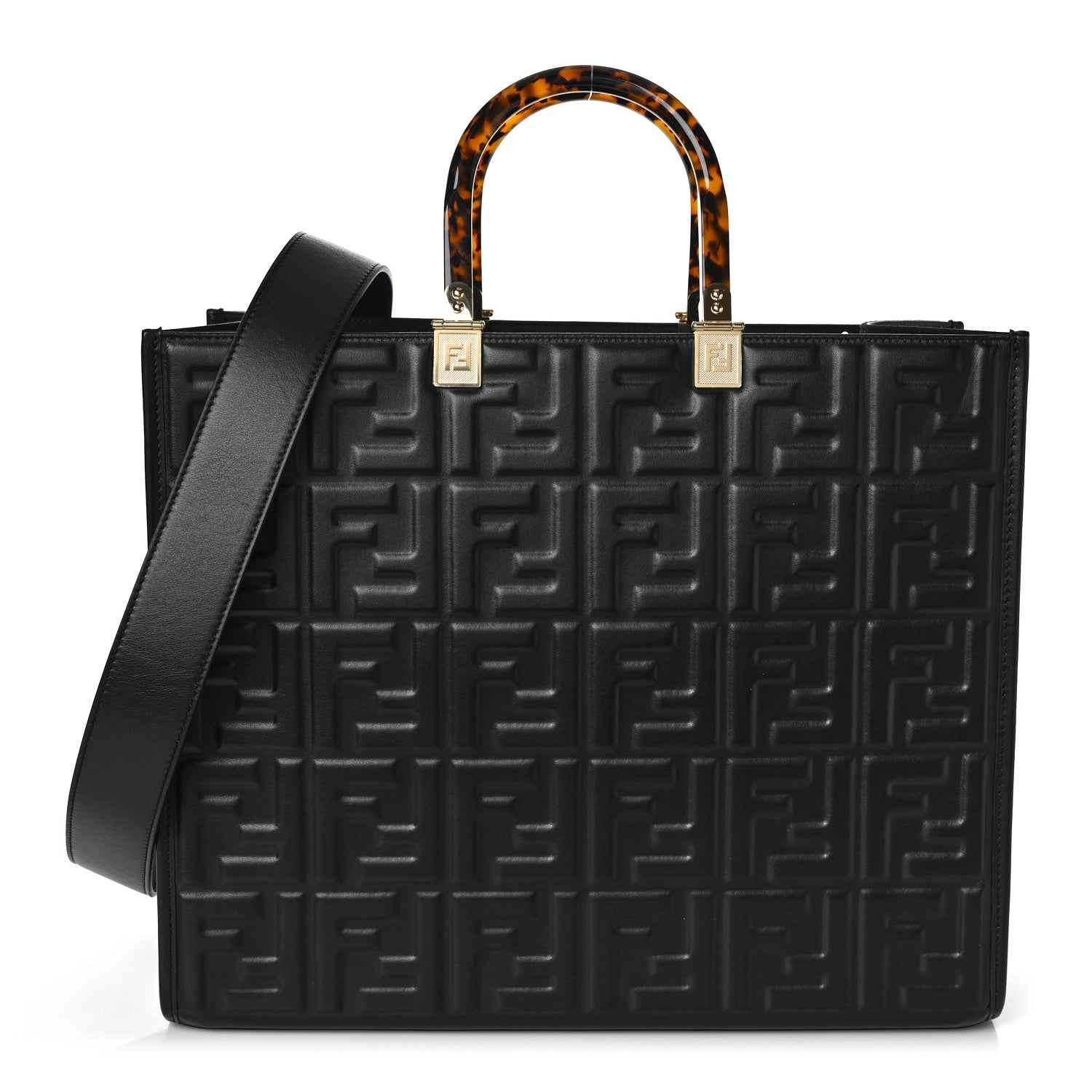 Fendi Vitello Plexiglass FF Embossed Medium Fendi Sunshine Shopper Tote Black 1 of 9