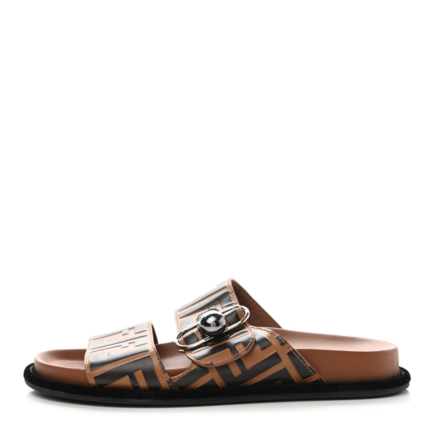 Calfskin FF Embossed Pearland Slide Sandals 36.5 Tobacco Moro