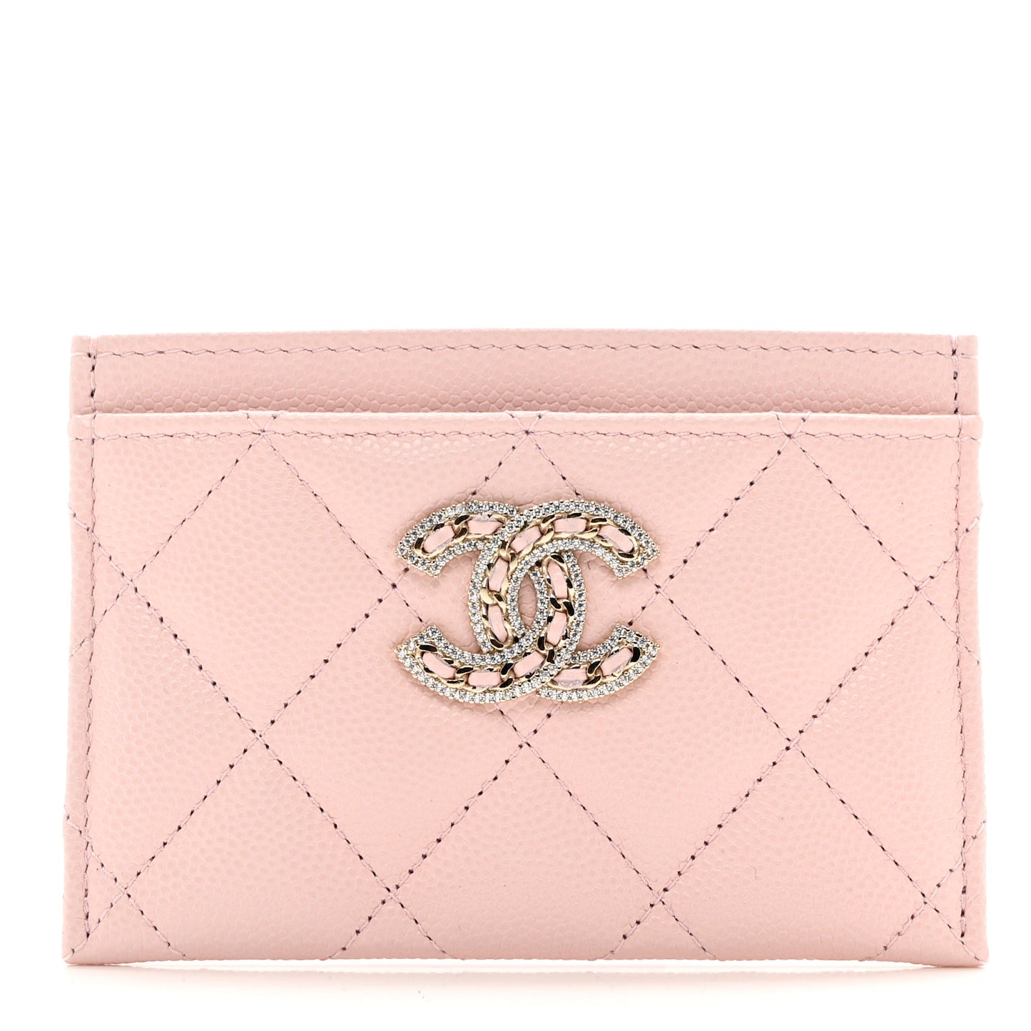 Caviar Quilted Crystal Card Holder Pink