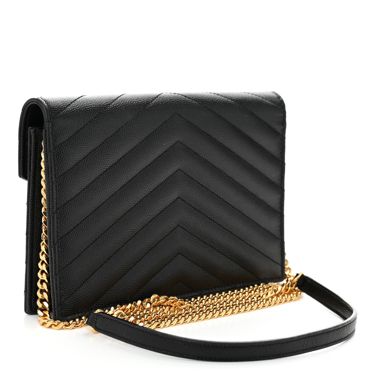 Saint Laurent Grain De Poudre Matelasse Chevron Monogram Envelope Chain Wallet Black 3 of 10