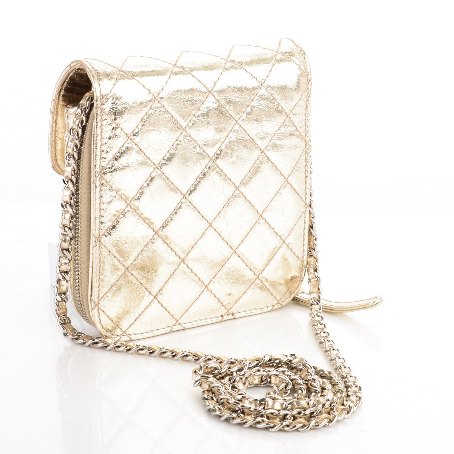 Crackled Calfskin Quilted Mini Crossbody Flap Gold