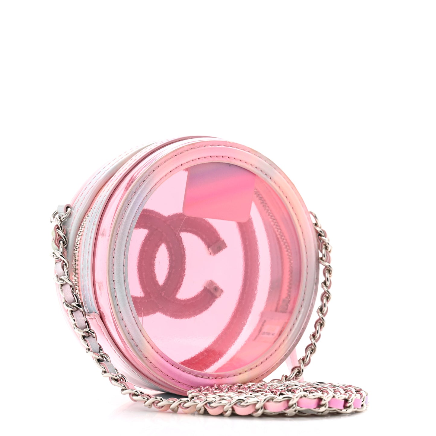 PVC Lambskin Filigree Round Clutch With Chain Pink