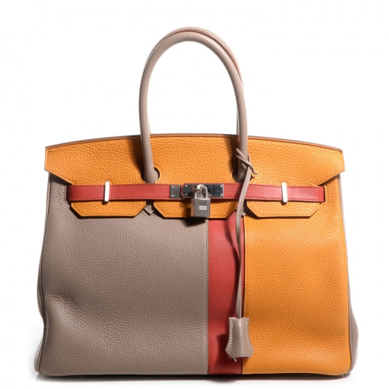 Taurillon Clemence Swift Tri-Color Birkin 35 Sanguine Gris Tourterelle Moutarde
