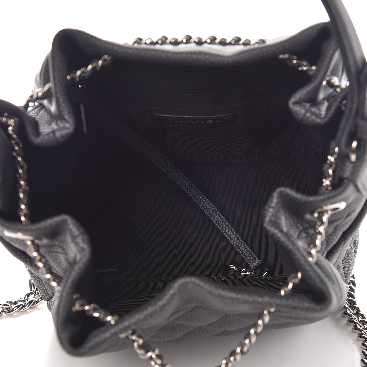 Caviar Flat Quilted CC Chain Bucket Drawstring Bag Black