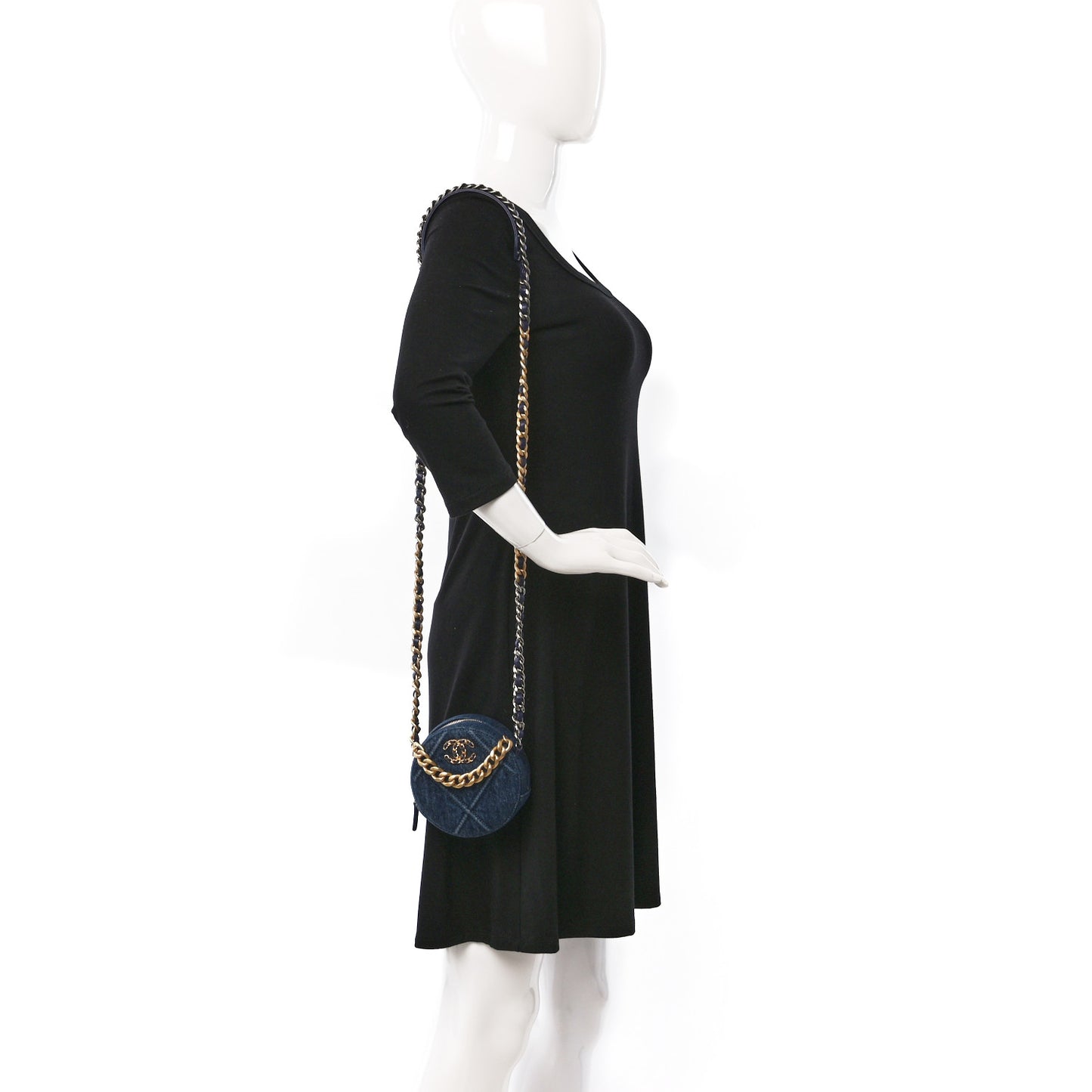 Denim Quilted Chanel 19 Round Clutch With Chain Blue