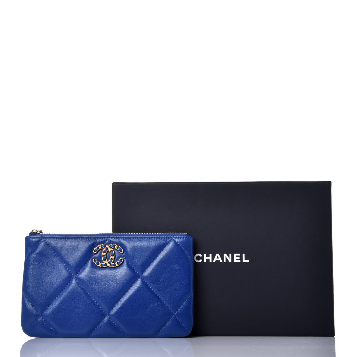 Goatskin Quilted Small Chanel 19 Pouch Dark Blue