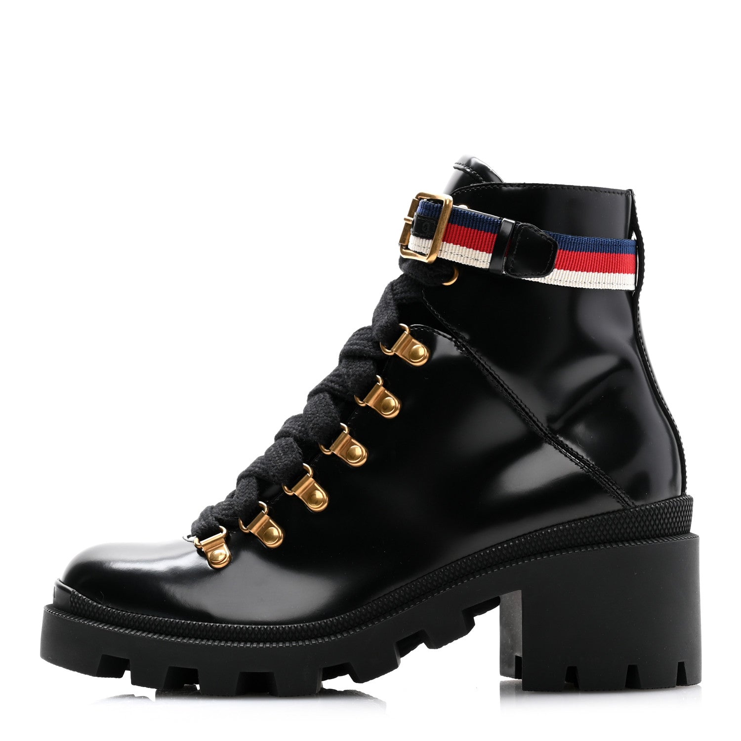Gucci Calfskin Sylvie Web Womens Lace Up Combat Boots 37.5 Black 1 of 9