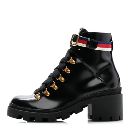 Gucci Calfskin Sylvie Web Womens Lace Up Combat Boots 37.5 Black 1 of 9