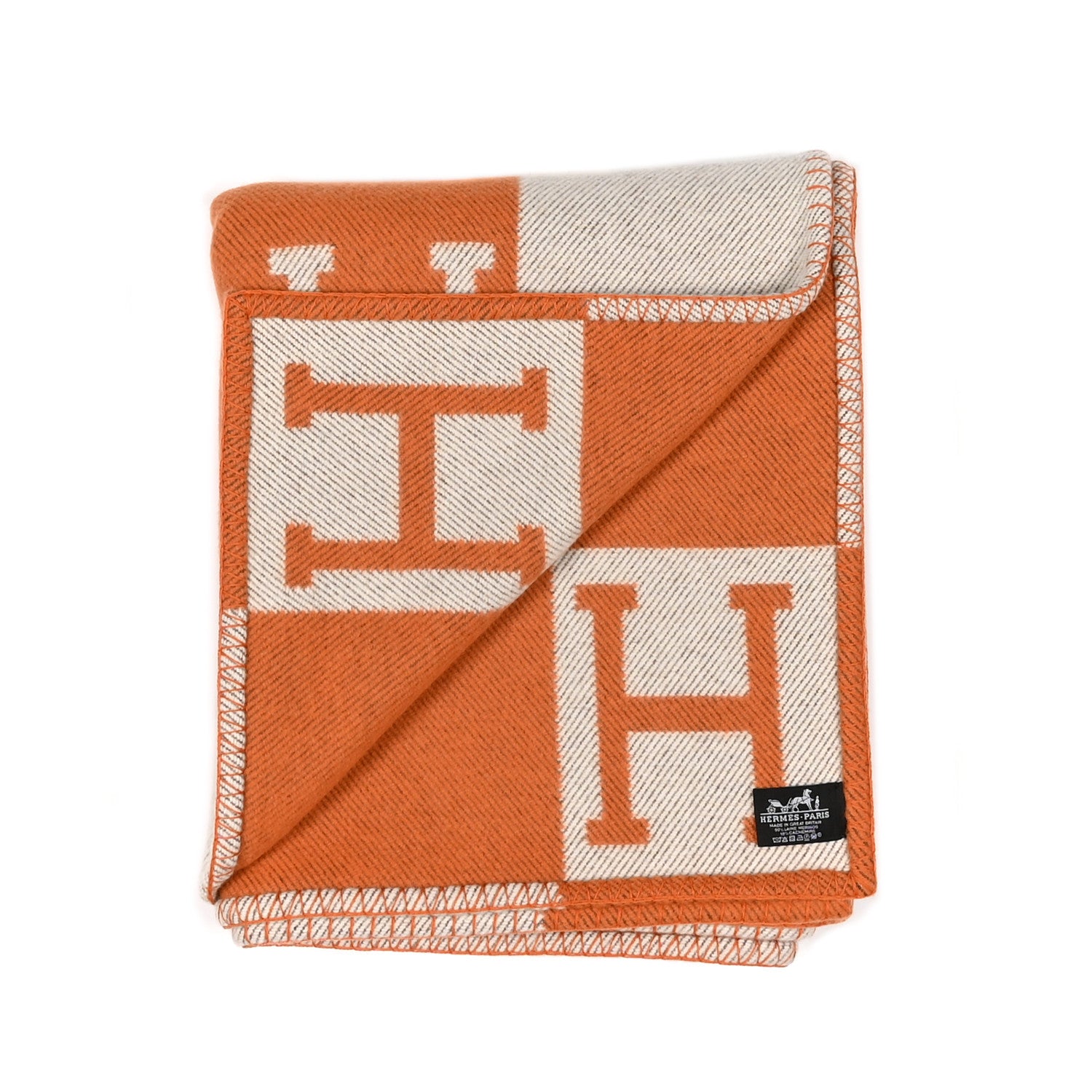 Hermes Wool Cashmere Signature Classic Avalon Blanket Ecru Potiron 2 of 3