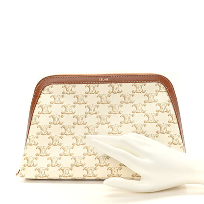 Celine Triomphe Canvas Calfskin Large Cosmetic Pouch White Tan 2 of 7