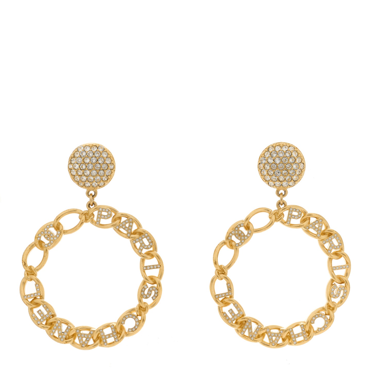 Metal Crystal CC Paris Chain Link Hoop Earrings Gold
