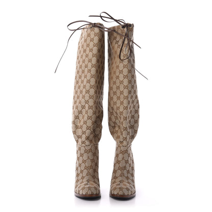Gucci Monogram Lisa Mid Heel Boots 37 Beige Ebony 2 of 7