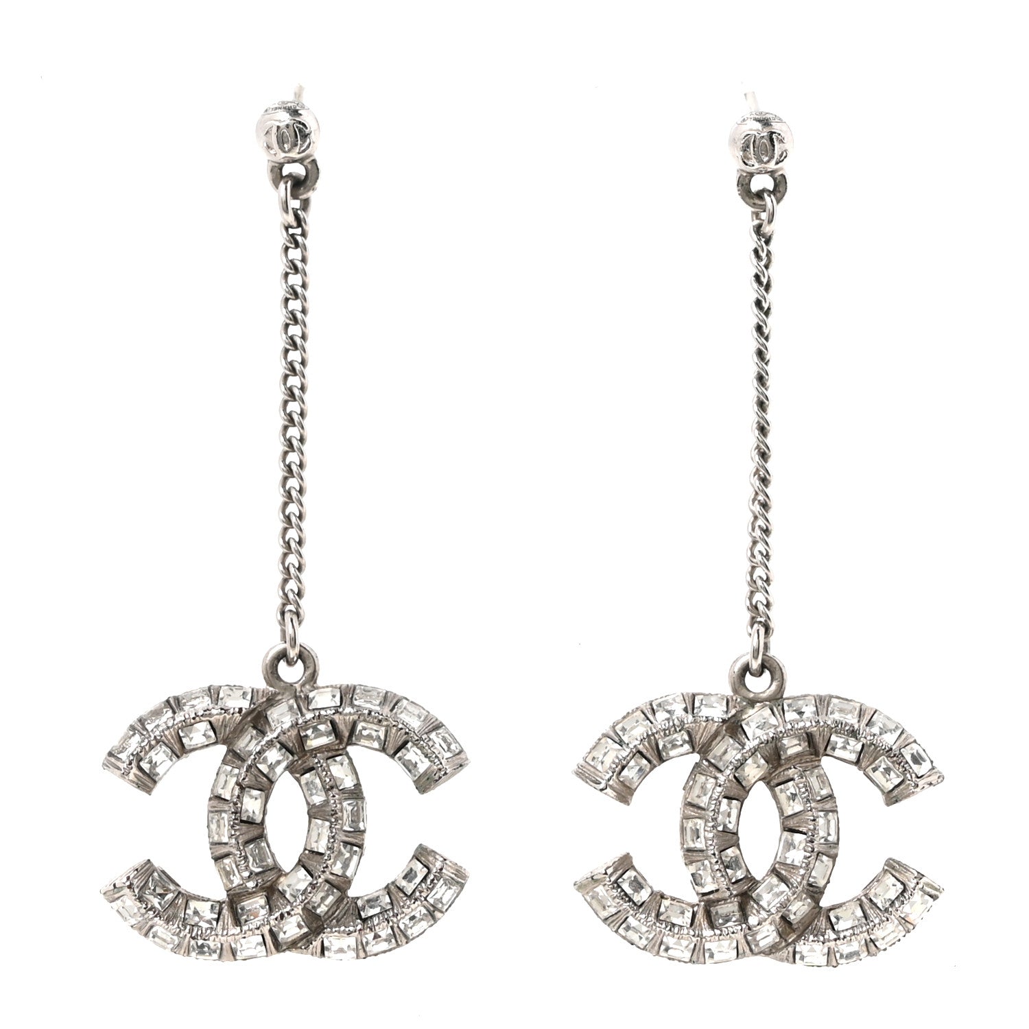 Chanel Baguette Crystal CC Drop Earrings Silver 1 of 5