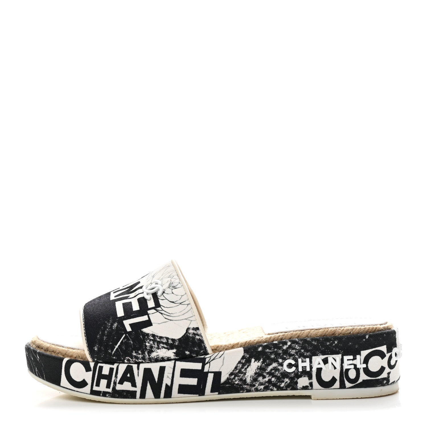 Chanel Fabric Grosgrain Printed CC Espadrille Slip On Sandals 40 Black White 1 of 10