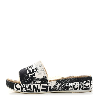 Chanel Fabric Grosgrain Printed CC Espadrille Slip On Sandals 40 Black White 1 of 10