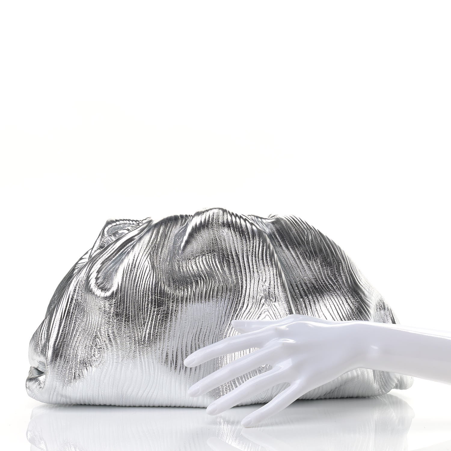 Bottega Veneta Metallic Bark Calfskin Embossed The Pouch Oversized Clutch Silver 2 of 9