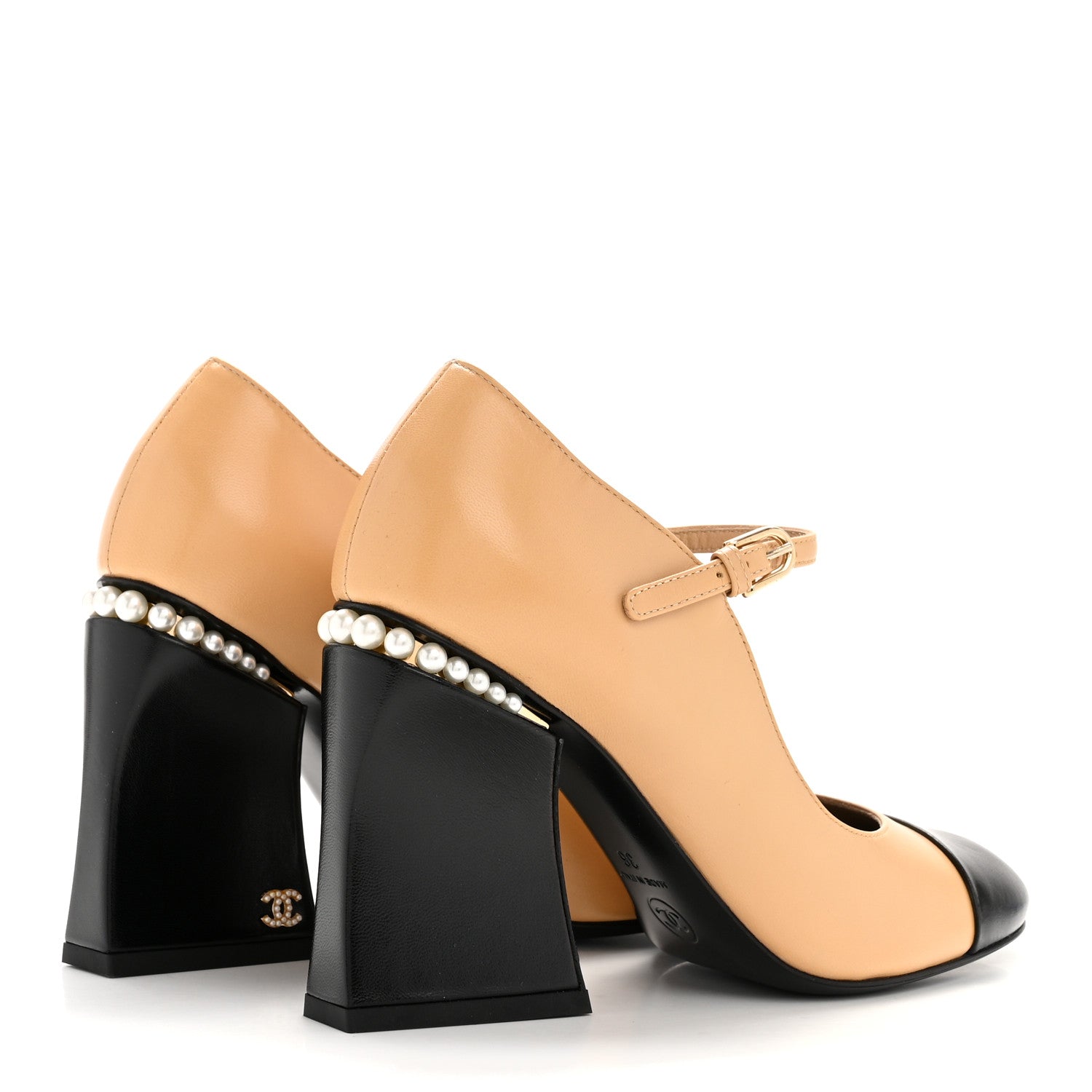 Chanel Shiny Goatskin Pearls Cap Toe Open Slingback Pumps 36 Beige Black 5 of 10