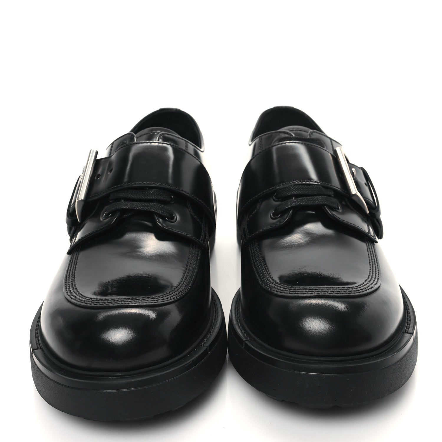 Prada Calfskin Mens Belted Lace Up Loafers 9 Black 2 of 8