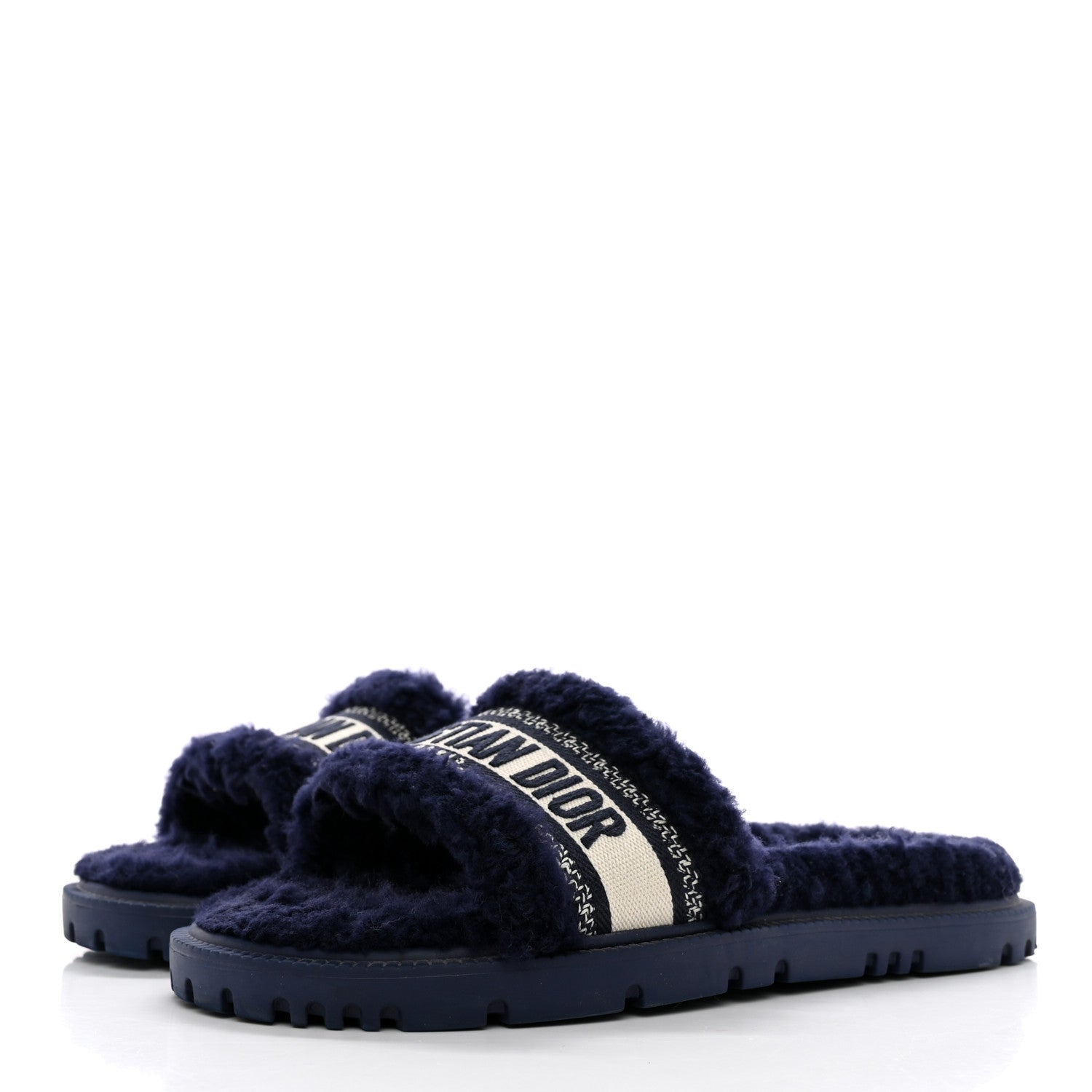 Christian Dior Shearling Canvas Embroidered Dway 10mm Slide Sandals 40 Deep Blue Natural 3 of 11