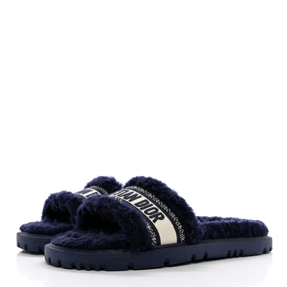 Christian Dior Shearling Canvas Embroidered Dway 10mm Slide Sandals 40 Deep Blue Natural 3 of 11