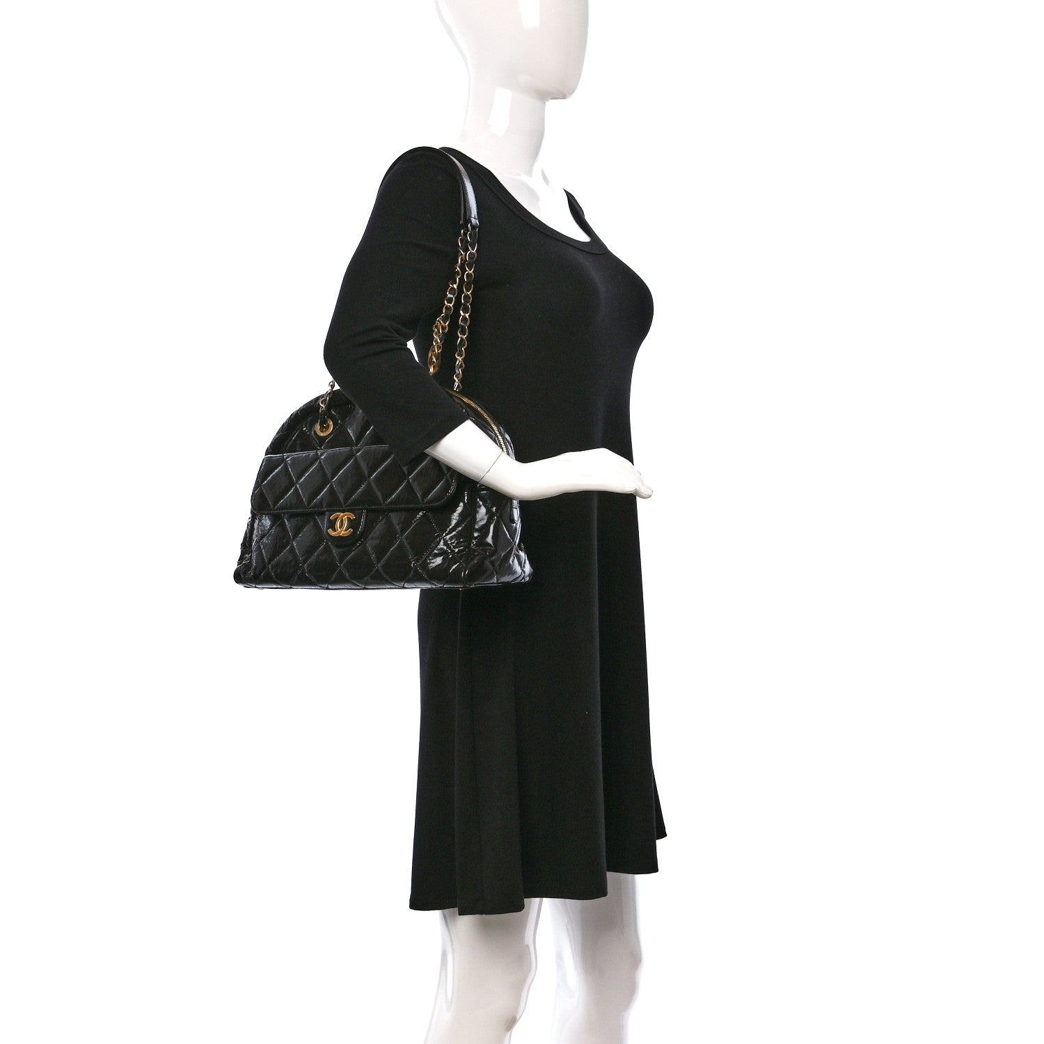 Chanel Shiny Crumpled Calfskin Quilted Large Bowling Bag Black 2 of 12