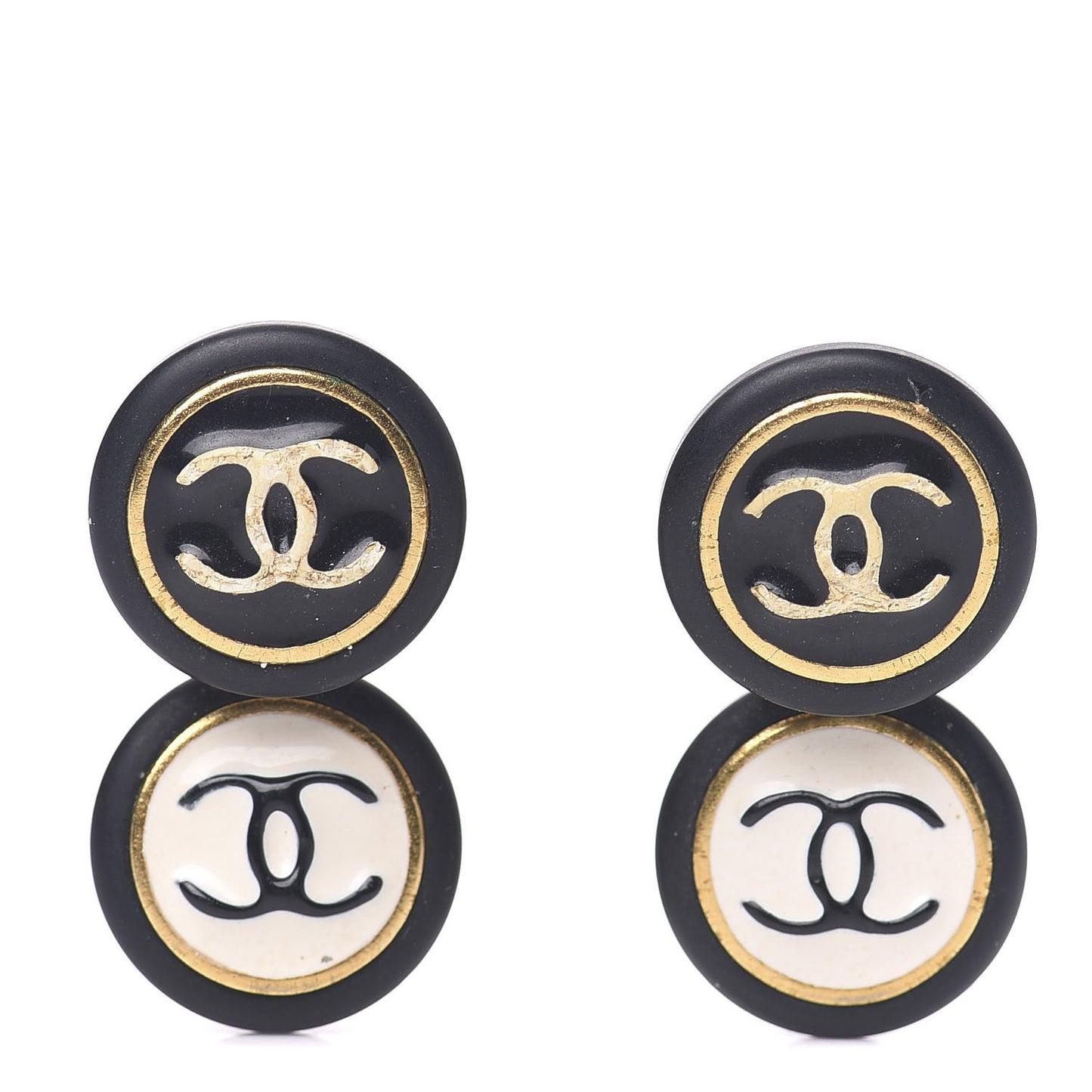 Enamel CC Clip On Earrings Ivory Gold Black