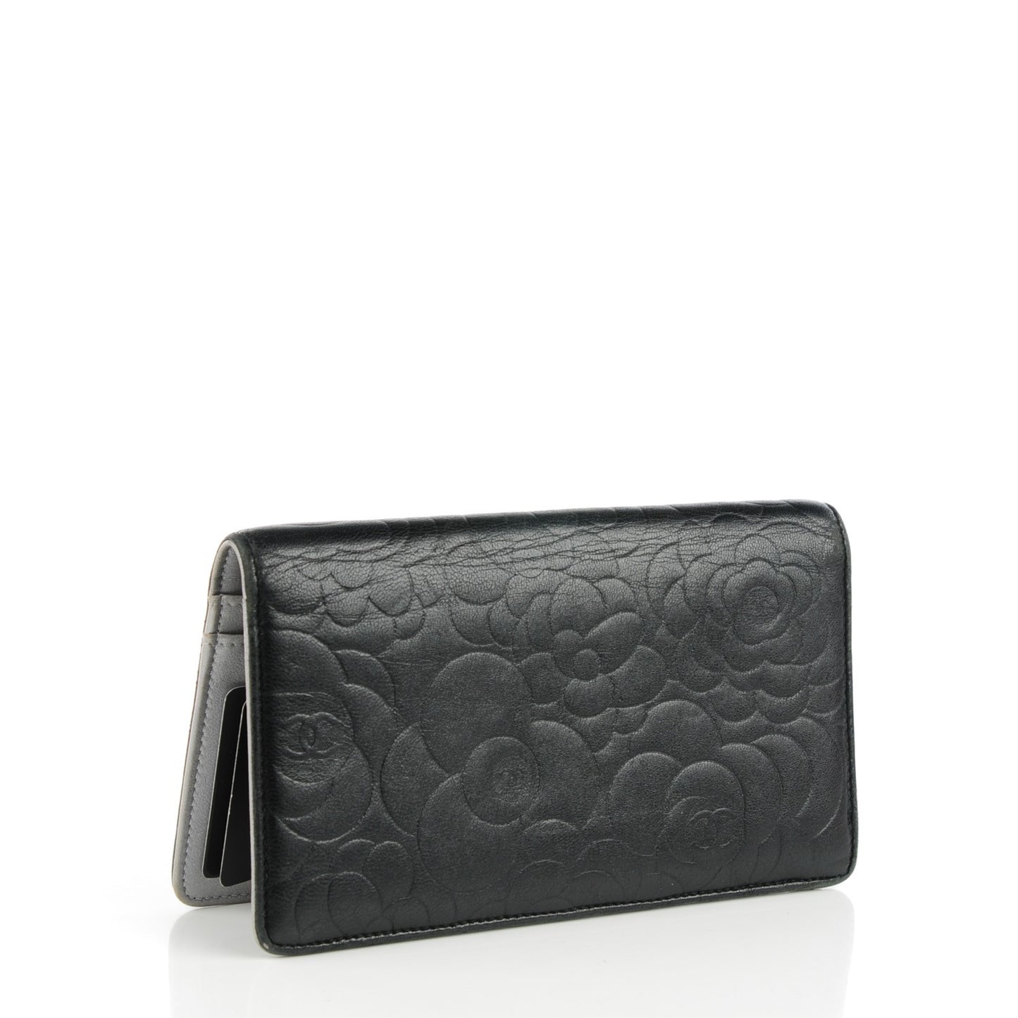 Lambskin Camellia Embossed Yen Wallet Black