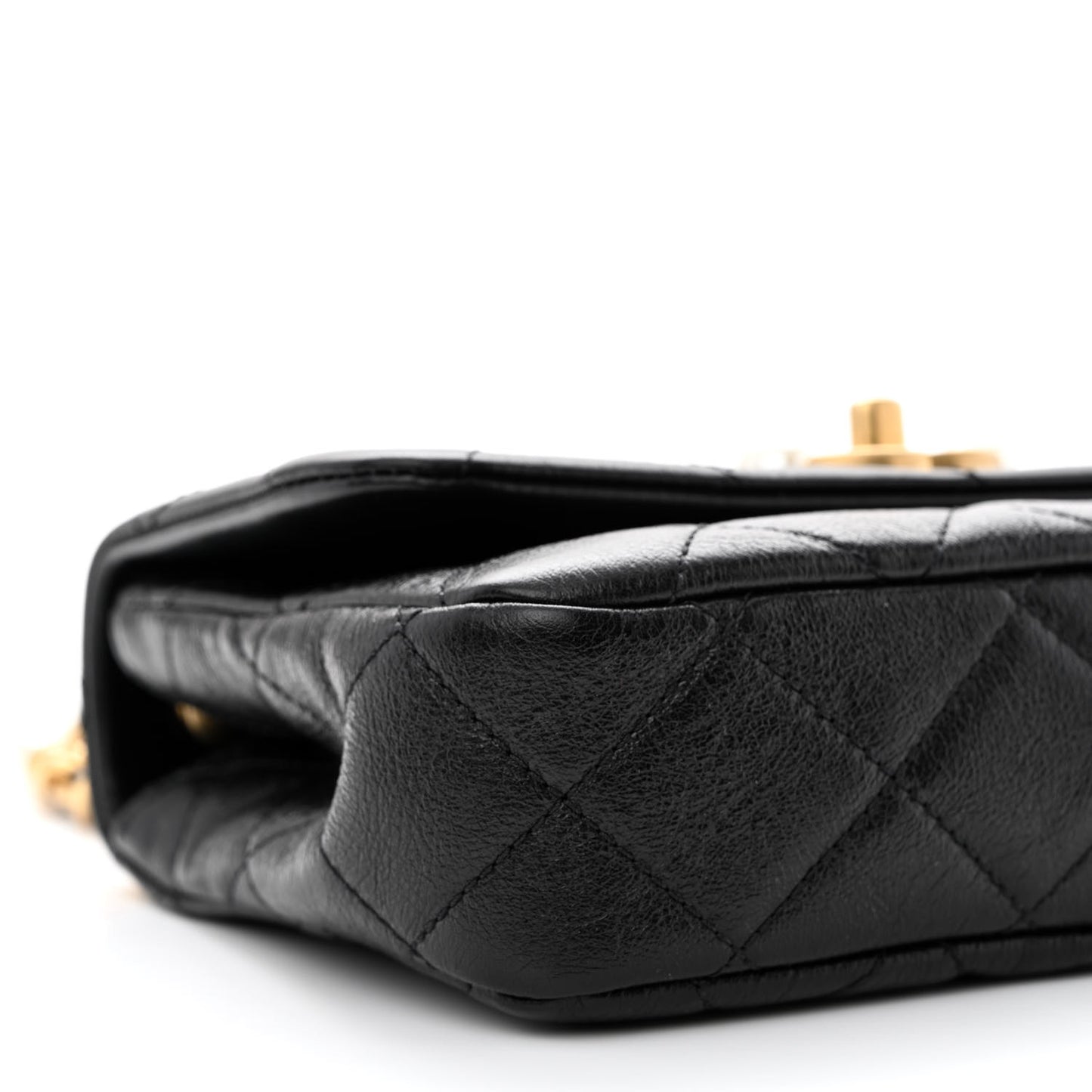 Glazed Calfskin Quilted Mini Pearl Side Flap Black