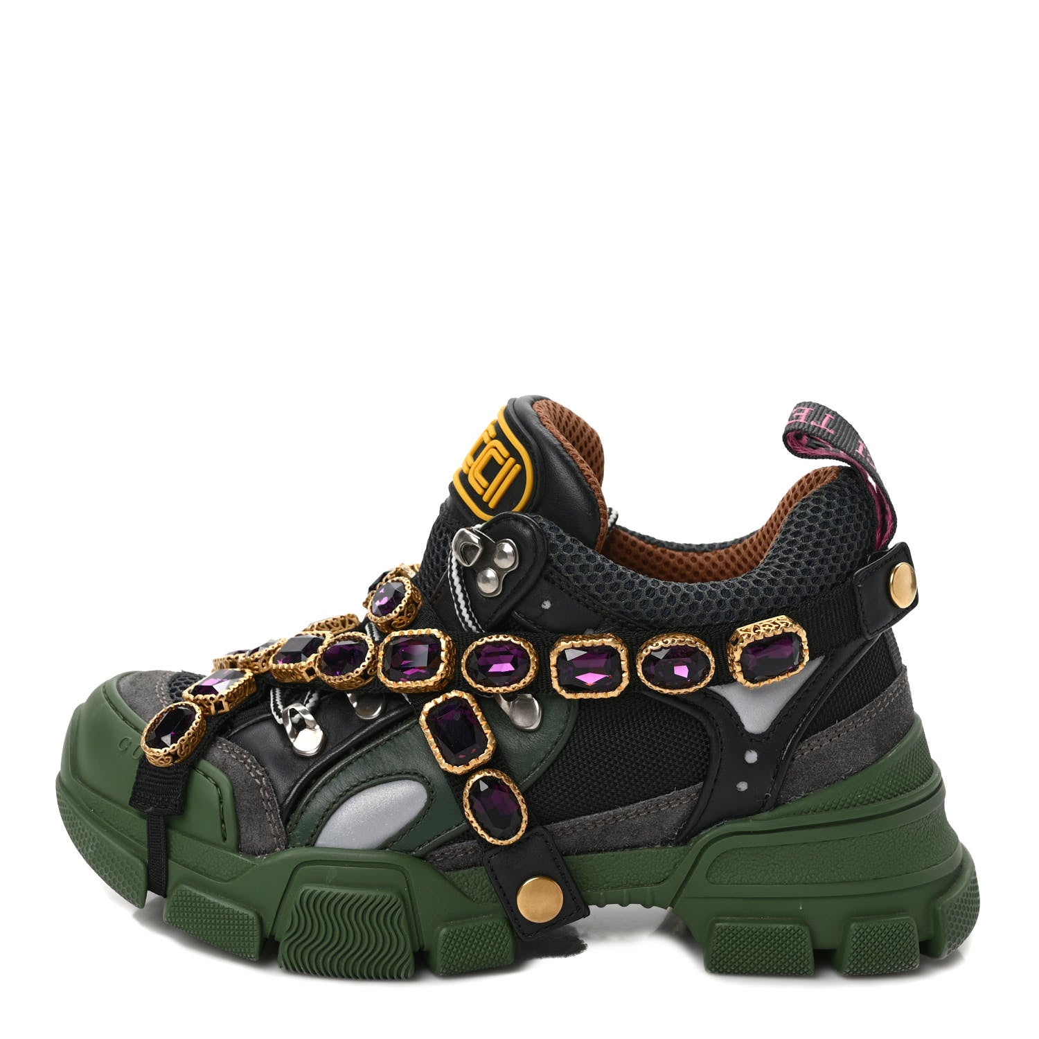 Gucci X SEGA Mesh Suede Calfskin Removable Crystals Flashtrek Sneakers 36 Loess Black Olive Green 1 of 8
