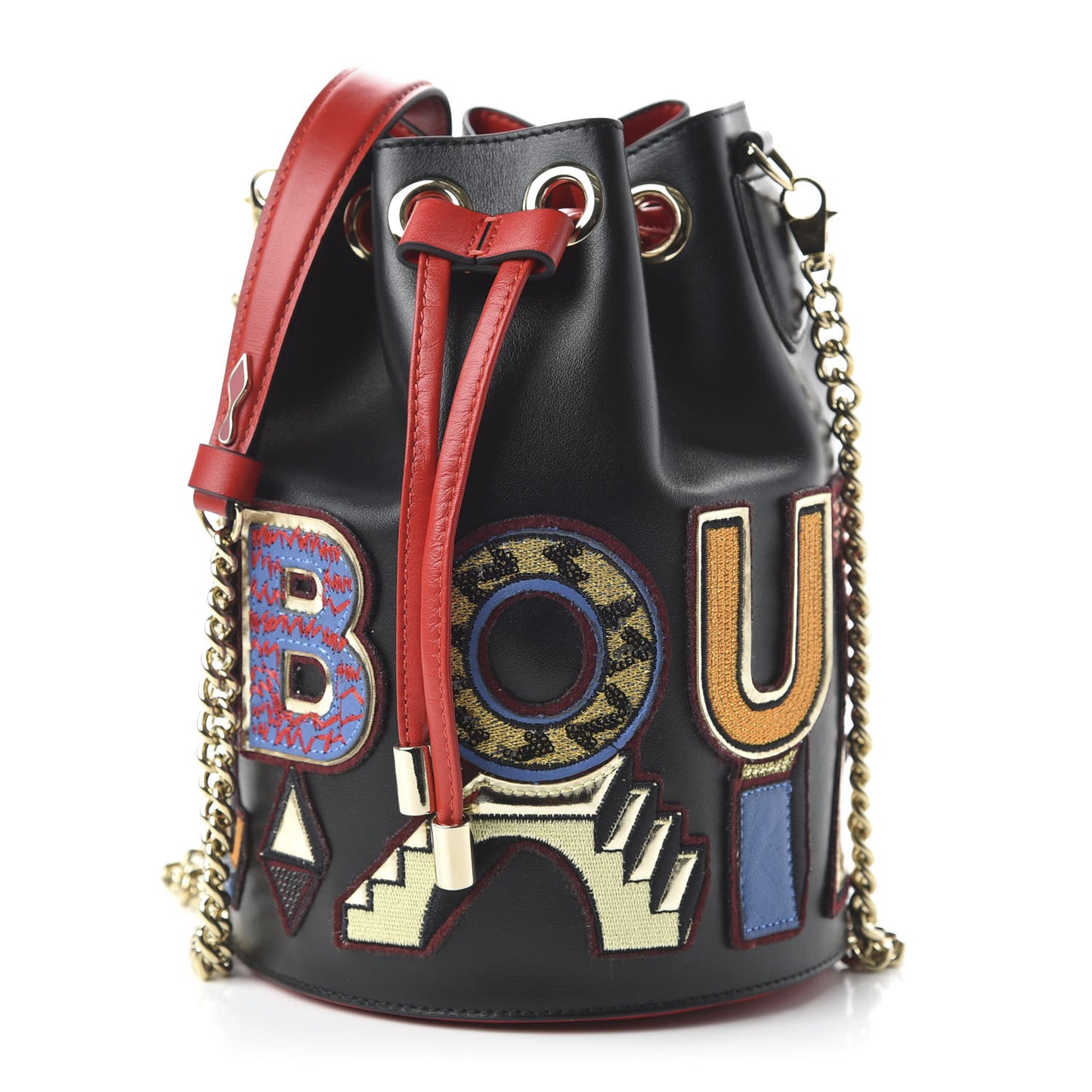 Calfskin Embroidered Alpha Marie Jane Bucket Black Multicolor