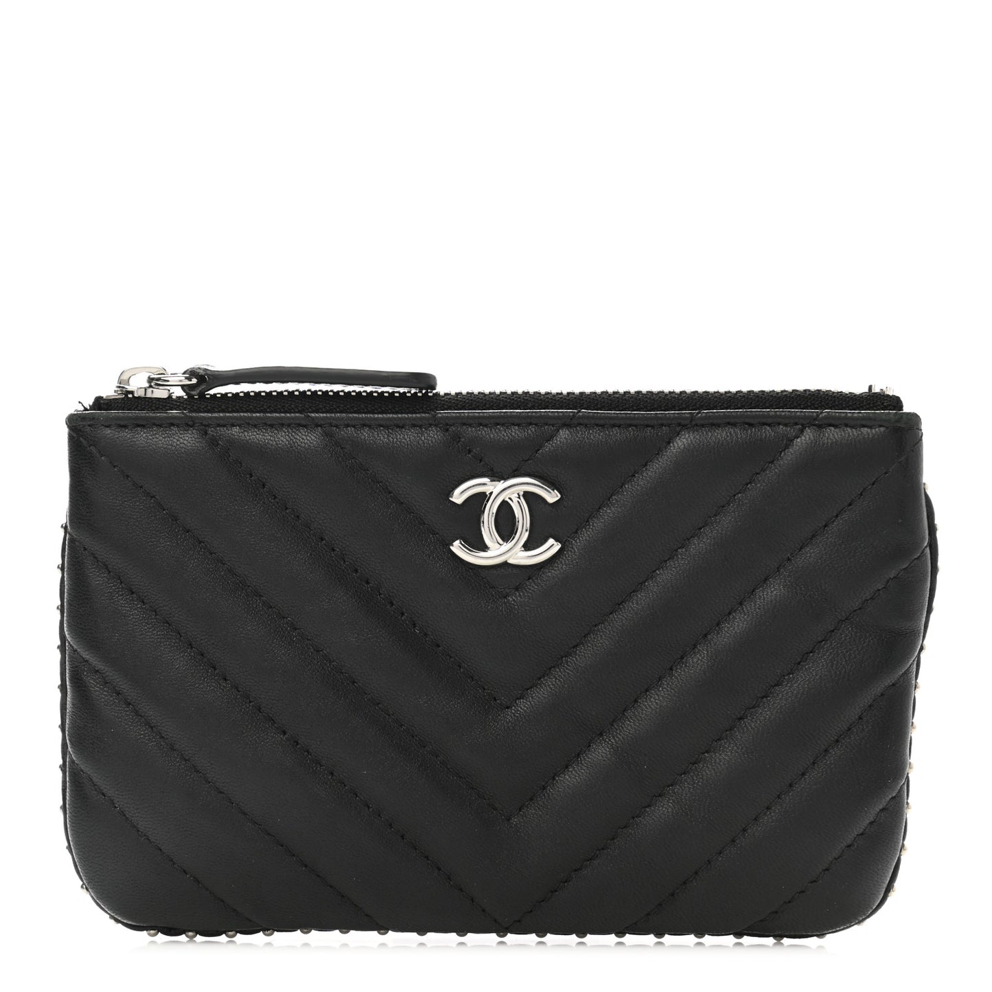 Lambskin Chevron Quilted Studded Small Cosmetic Case Black