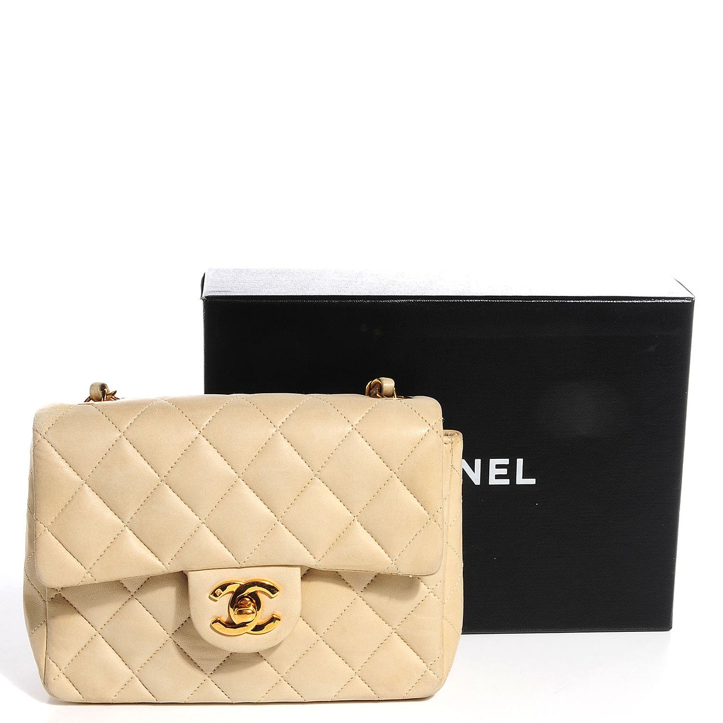 Lambskin Quilted Mini Square Flap Beige Clair