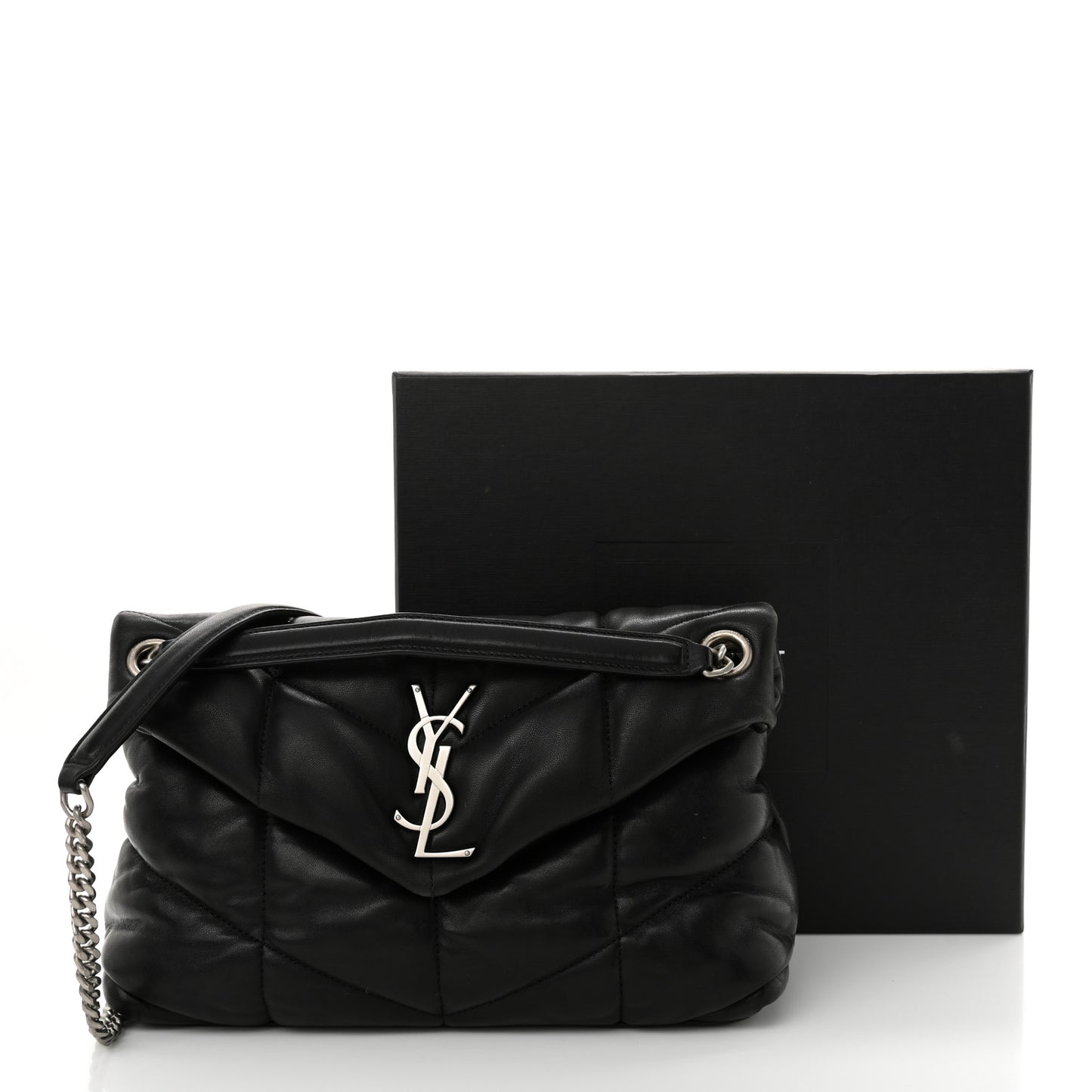 Lambskin Quilted Small Loulou Puffer Monogram Chain Satchel Black