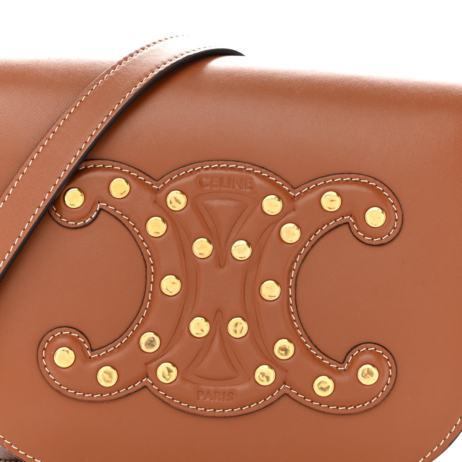 Celine Smooth Calfskin Studded Cuir Triomphe Folco Crossbody Bag Tan 9 of 11