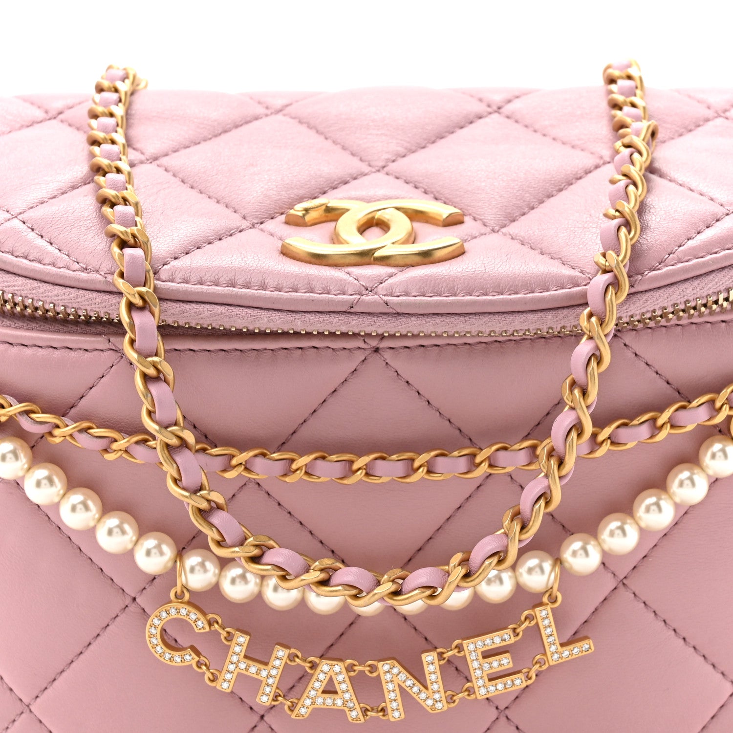 Chanel Shiny Lambskin Quilted Pearl Logo Waist Bag Light Pink