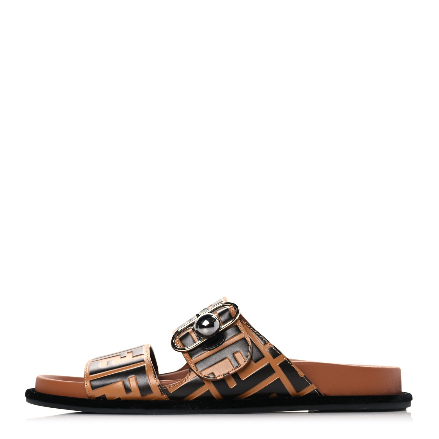 Calfskin FF Embossed Pearland Slide Sandals 39 Tobacco Moro